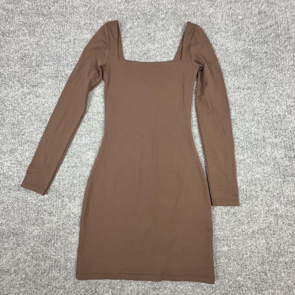 Babaton Dress Womens 2XS Brown Long Sleeve Square Neck Bodycon Mini Knit Stretch
